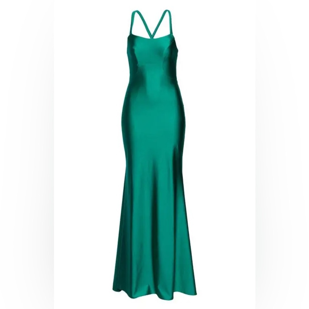 $278 XSCAPE EVENINGS  Lace-Up Satin Gown in emerald green 10